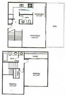Floor plan for 2 beds, 1.5 baths, 986 sqft